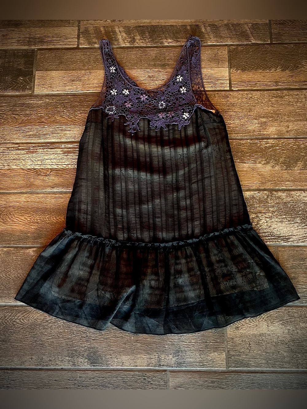 Free People black with  purple floral lace and pretty floral lining dress M